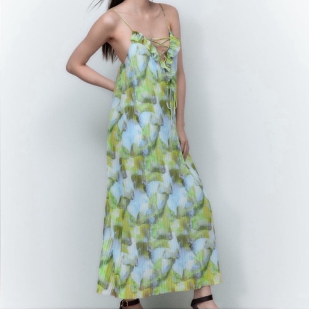 NEW! Zara Print Tulle Maxi Dress Lace Up Spaghetti Straps Blue Green Size Medium